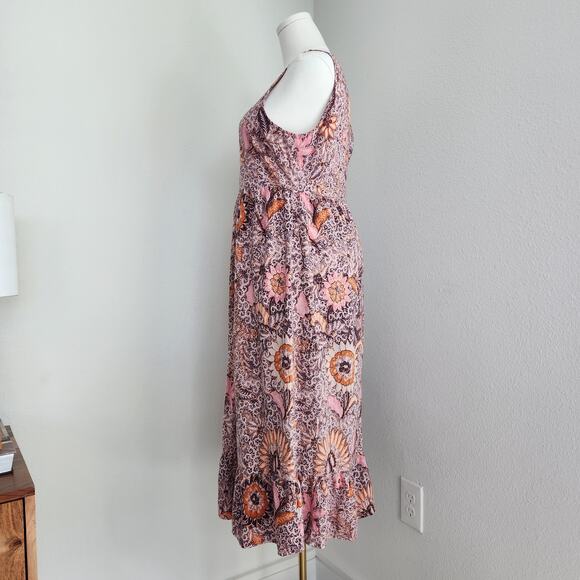 Madewell Boho Floral Thanksgiving Turkey Print Ruffle Midi Fall Dress M/L - Picture 5 of 12